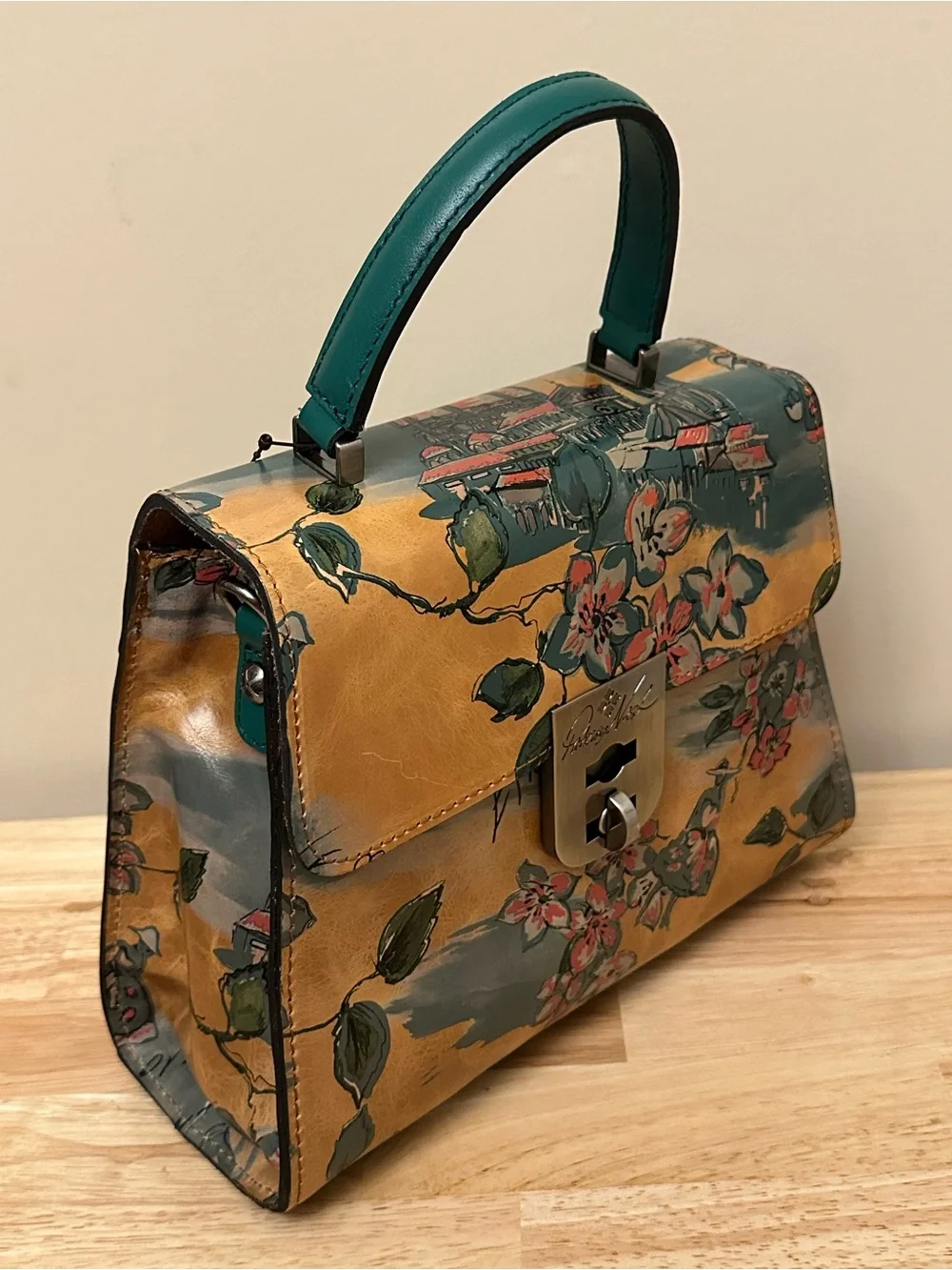 Patricia Nash Floral Top-Handle Satchel in Tan and Green